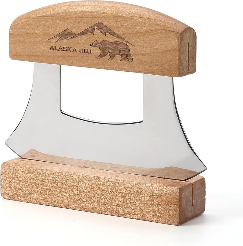 WiuCYS 5inch Alaskan Mezzaluna Ulu Knife, Salad Veggies Rocker Chopper Slicer Cutter Hashing Chopping Mincing Cleaver with Wooden Stand Arthritic Tool - Image 1